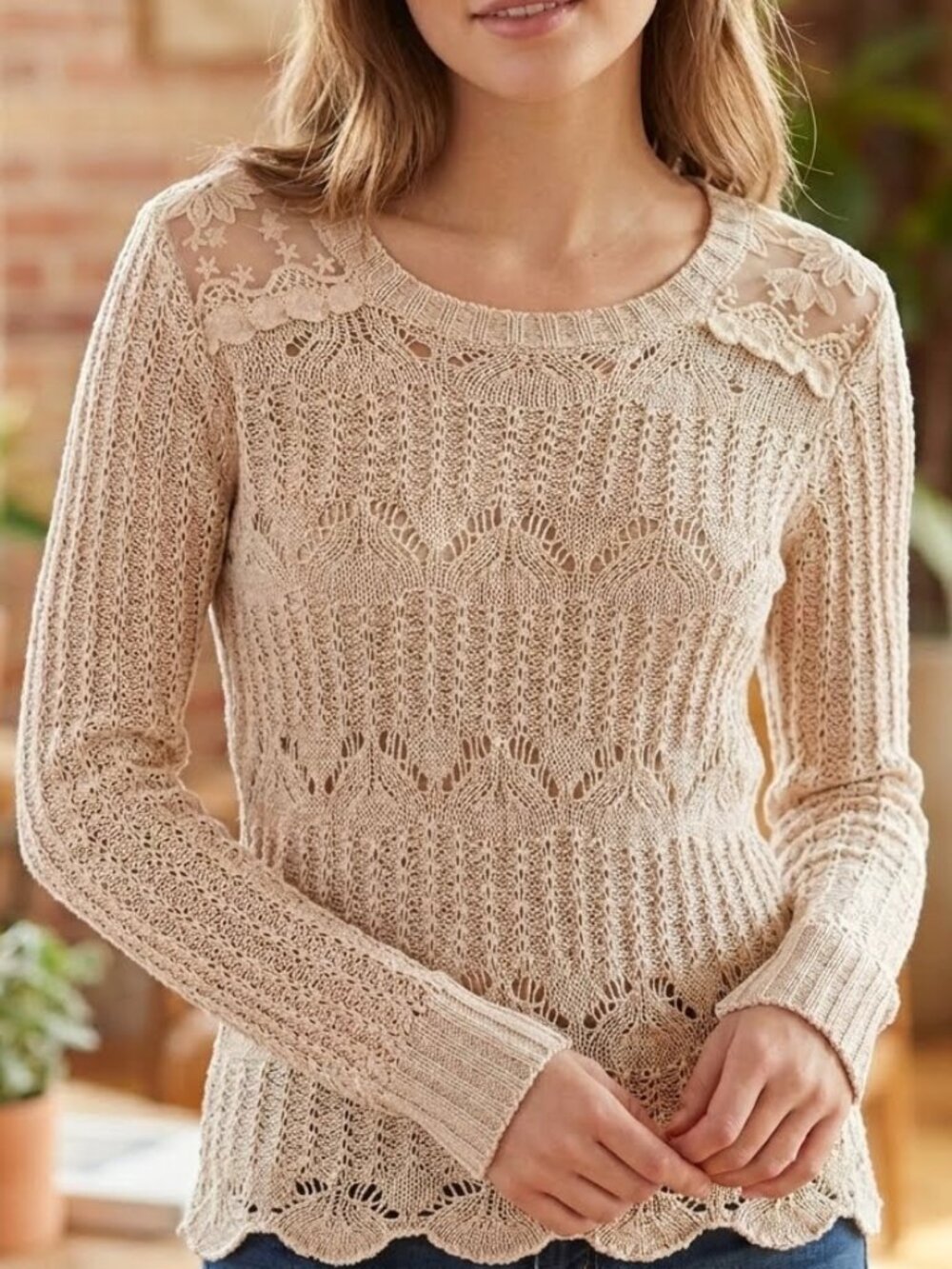 American Rag Beige Crochet Lace Sweater Size Small